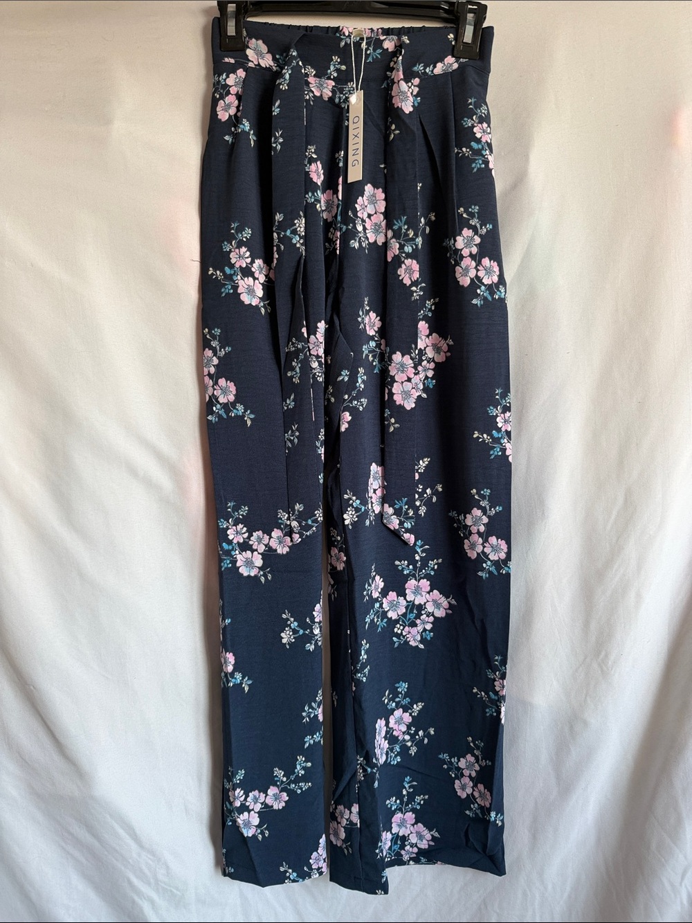 High-Rise Navy Wide-Leg Pants with Pink Floral Print